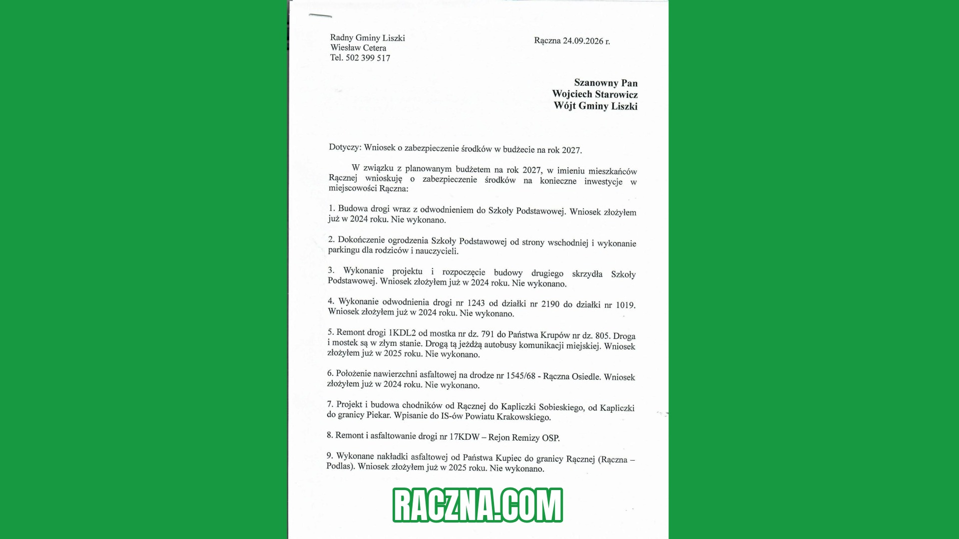 Wniosek do budżetu Gminy Liszki na 2027 rok - wieś Rączna - zdjęcie nr 1