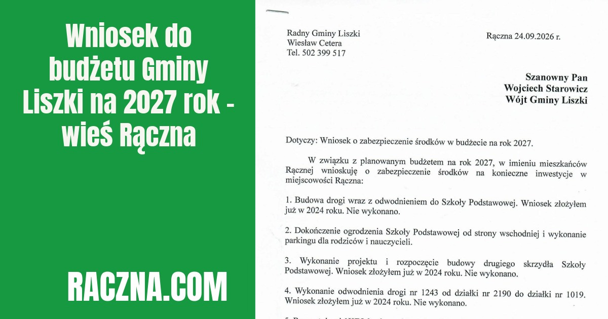 Wniosek do budżetu Gminy Liszki na 2027 rok - wieś Rączna - info grafika
